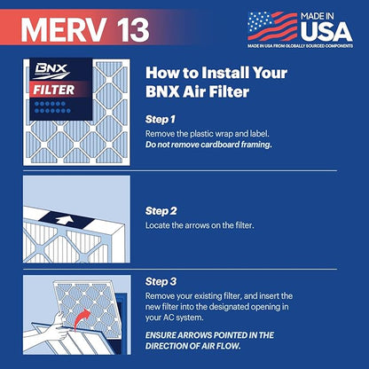 BNX TruFilter 16x20x1 MERV 13 (12-Pack) AC Furnace Air Filter - MADE IN USA - Electrostatic Pleated Air Conditioner HVAC AC Furnace Filters - Removes Pollen, Mold, Bacteria, Smoke