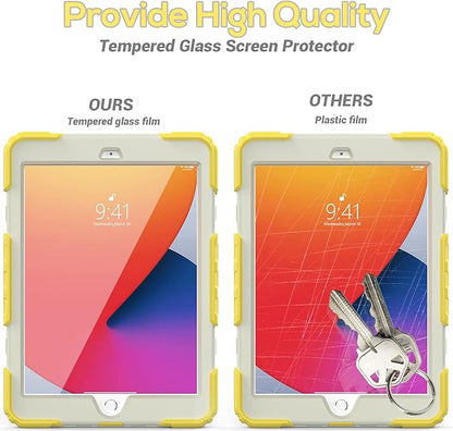 BLOSOMEET Kids Case for iPad 10.2 9th/8th Generation 2021 2020 with Tempered Glass Screen Protector Pen Holder,Cute Girls Boys iPad 7th Gen Cover Rugged w/Stand Hand Shoulder Strap Yellow