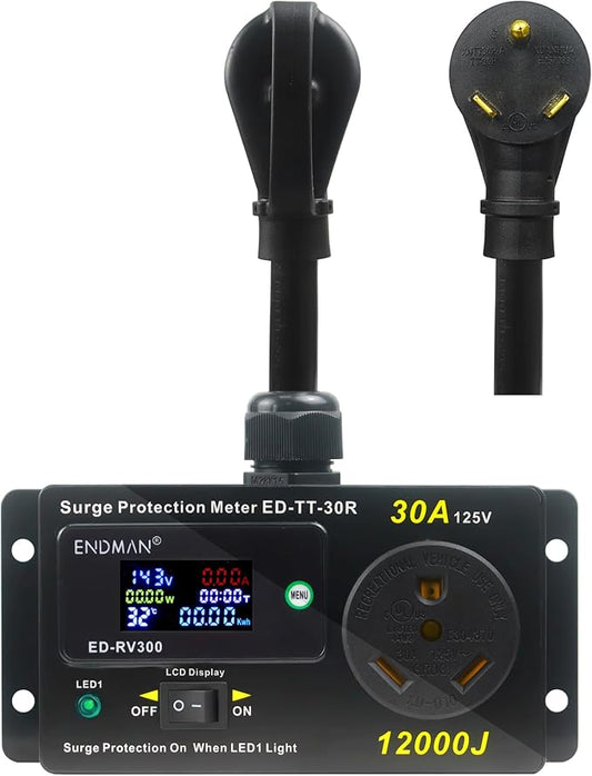 ENDMAN RV 30 Amp Surge Protector with Power Meter (kWh) - 12,000 Joules High Surge Guard - Real-Time Voltage & Amp Monitor for Travel Trailers (NEMA TT-30P)