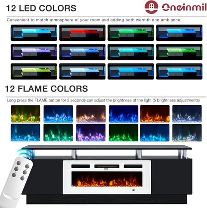 oneinmil Fireplace TV Stand with 36” Electric Fireplace, 70” 2 Tier TV Console Stand for TVs Up to 80", LED Light Entertainment Center, Fireplace for The Living Room TV Stand, Black