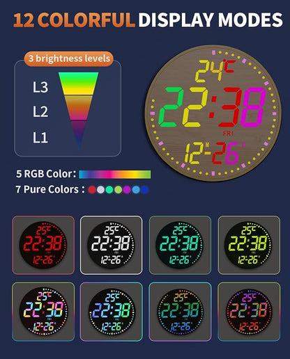 GLOKUUCA 12" Large Digital Wall Mount Clock, Count Down Timer, Alarm, Big LED, 12 RGB Color, Temperature for Living Room Classroom Desk (Bamboo Elements)