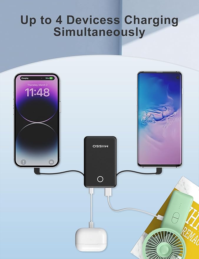 miisso 6000mah Ultra Slim Built in Cables Power Bank, Card Size Built in USB C Cords Battery Pack Portable Charger for Phones, 3 Output External Battery Pack Compatible with iPhone, Deep Black