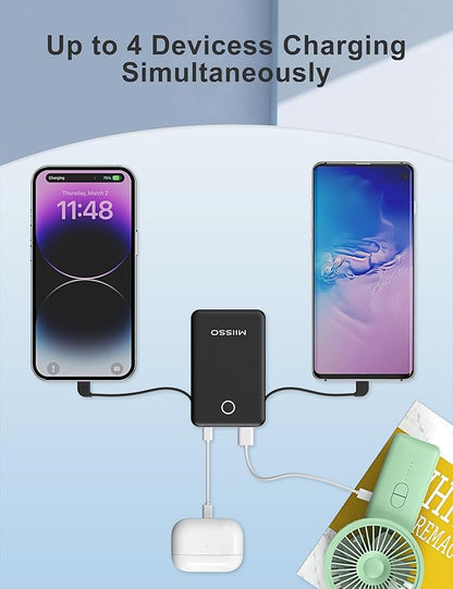 miisso 6000mah Ultra Slim Built in Cables Power Bank, Card Size Built in USB C Cords Battery Pack Portable Charger for Phones, 3 Output External Battery Pack Compatible with iPhone, Deep Black