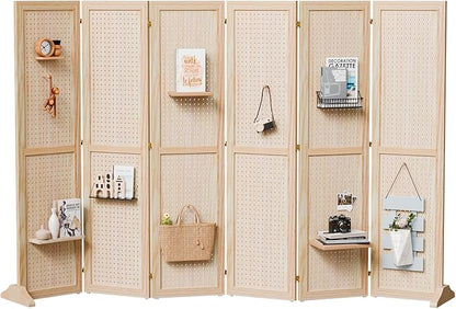 Bonnlo 4/6 Panel Pegboard Freestanding, 5 FT Portable Display Board Organizer for Craft Show Jewelry, Wooden Folding Privacy Screen Room Divider (Natural, 6 Panel with Base)