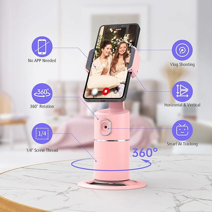 camrola Auto Face Tracking Phone Holder, No App Required, 360° Rotation Face Body Phone Tracking Tripod Smart Shooting Camera Mount for Live Vlog Streaming Video, Rechargeable Battery-Pink