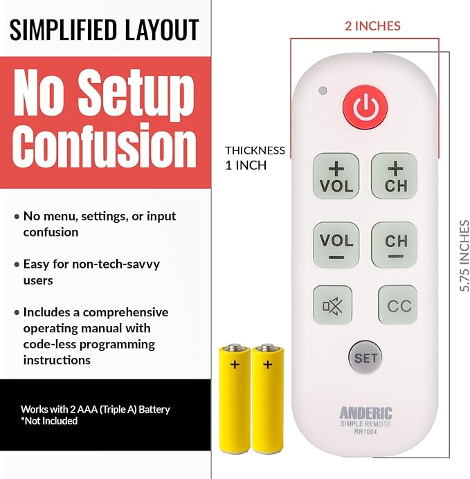 [25 Pack] Anderic Easy Big Button Universal TV Remote Control. Easy to Use, Learning, Glow Keys - Television & Cable Box Controller, Perfect for Assisted Living Elderly Care - White - RR1004