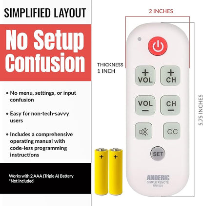 [25 Pack] Anderic Easy Big Button Universal TV Remote Control. Easy to Use, Learning, Glow Keys - Television & Cable Box Controller, Perfect for Assisted Living Elderly Care - White - RR1004