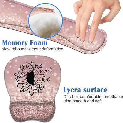 Mouse Pad Wrist Support and Keyboard Wrist Rest Set with Coasters, She Believed She Could So She Did Inspirational Quote with Non-Slip PU Base Ergonomic Mousepad for Home Office Working Studying