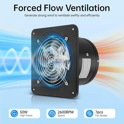 XUFOPLY 7 Inch Exhaust Fan, 110V 100W Wall Mounted Vent Fans 2600RPM Kitchen Bathroom Windows Fan Metal Extractor Fan for Attic, Garage, Window Ventilation (Black, 7 Inch)