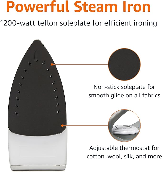Amazon Basics 1200W 10” Steam Iron, With Non-Stick Teflon Soleplate, 5 Fl Oz Water Tank (150 ML), Auto Shut-Off, Anti-Drip, Anti-Calcification, Thermostat, 6.5Ft Cord, Gray