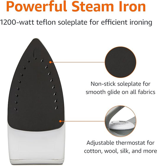 Amazon Basics 1200W 10” Steam Iron, With Non-Stick Teflon Soleplate, 5 Fl Oz Water Tank (150 ML), Auto Shut-Off, Anti-Drip, Anti-Calcification, Thermostat, 6.5Ft Cord, Gray