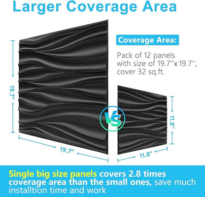 STICKGOO Black 3D Wall Panels, Wave Design Textured PVC Wall Panels, 19.7''x19.7'' Modern Accent Wall Panels for Interior Wall Decor Bedroom Office Living Room