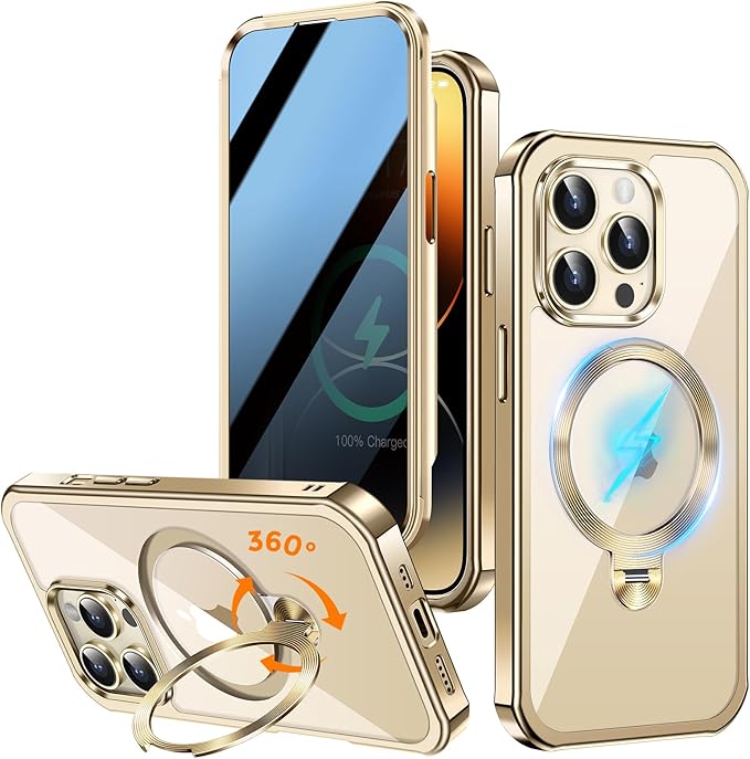 [360° Rotatable CD Stand & Built-in Privacy Screen Magnetic Case for iPhone 14 Pro Max[Compatible with MagSafe&Full Signal] Mil-Grade Shockproof Full Body Anti-Spy Cover for 14 Pro Max-Gold