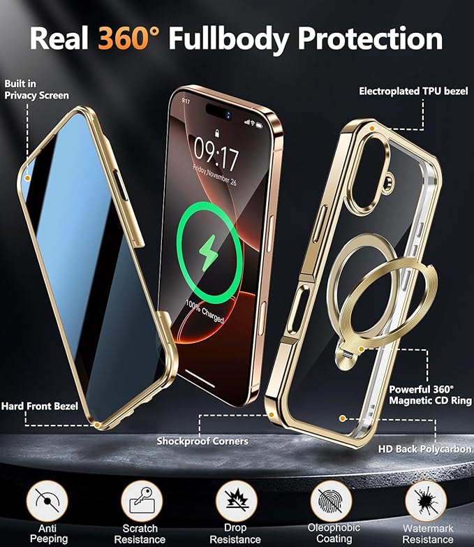 [360° Rotatable CD Stand & Built-in Privacy Screen Magnetic Case for iPhone 16 [Compatible with MagSafe & Full Signal] Mil-Grade Shockproof Full Body Anti-Spy Cover for 16-Gold
