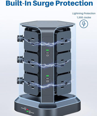 KOOSLA [65W] PD Power Strip Tower Surge Protector, USB C Desktop Charging Station with 12 Widely Spaced AC Outlets / 2 USB-C / 3 USB-A Ports, 6.5ft Heavy-Duty Extension Cord for Home Office Dorm