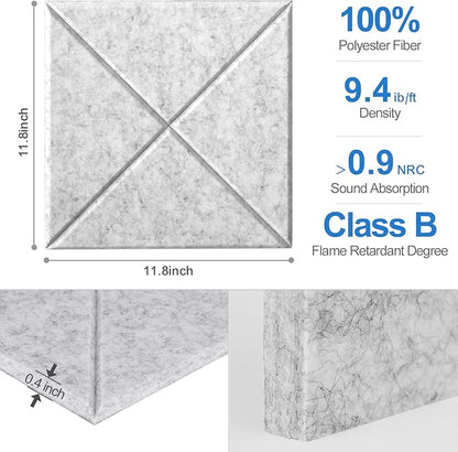 Sonicism 12 Pack X-Lined Acoustic Panels with Self-Adhesive, 12"X 12"X 0.4" Sound Proof Foam Panels, Decorative Soundproof Wall Panels, Sound Absorbing Tile for Home & Offices, Silver Gray