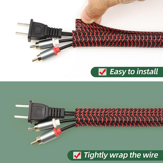 Split Wire Loom Tubing, Cable Protector Sleeve, Braided Cable Management for TV/Computer/Home Theater/Engine Bay, Cord Protectors from Pets No Chew (Red and Black, 3/4"-10ft)