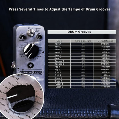 MOOER Groove Loop drum machine with 20 minute finder, 16 different drum grooves, 3 modes, play tempo for loop, record, practice with micro loop drum pedal, mini guitar jamming tool