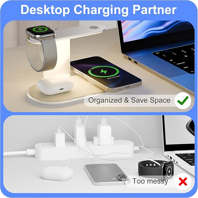 4-in-1 for Magsafe Wireless Charging: 15W Qi Magnetic Fast Charger Station Pad with Night Light for iPhone 16 15 14 13 12 Pro Max - for Apple Watch and AirPods Series - Desk Nightstand Bedside, Silver