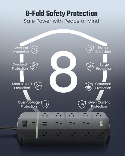 Power Strip,SUPERDANNY 5000 Joules Surge Protector with 13 AC Outlets 2 USB-A & 2 USB-C PD 20W Fast Charging Heavy Duty 14AWG/3C Industrial Grade Extension Cord for Workbench Home Office Black