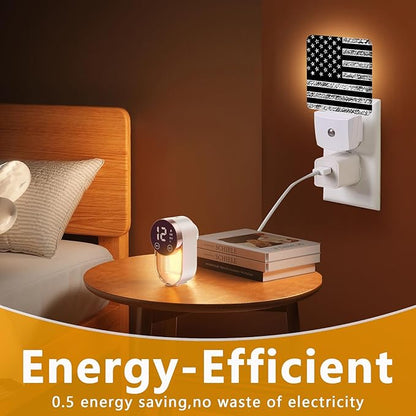 GANTINIR Black White American Flag Night Light, Plug-into USA Flag Nightlight White LED Lamp, Energy Efficient Decor Desk Lamp for Bedroom Hallway Stairs Bathroom