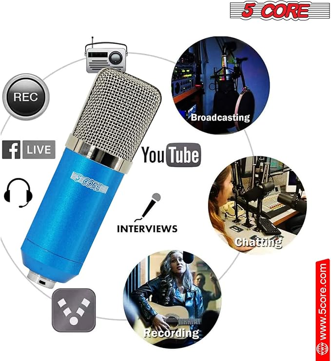 5Core Recordng Microphone Podcast Bundle Condenser w Microphone Arm Desk Mic Stand Computer Gaming Recording Vocals Streaming - RM 7 BLU