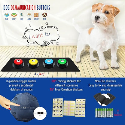 ANLIKY Recordable Buttons, Dog Buttons for Communication, Pack of 4 Colored Buzzers with Mat & 30 Scene Stickers 15 Custom Stickers. Non-Slip Stickers Inside