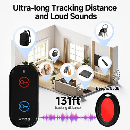 JTD Key Finder Locator with Sound, Remote Finder - 2 Receivers, 1 Car Tracker Keychain,85dB Loud, 131ft Range Tracker for Keys, Wallet, Pet,TV Remote Control - No App Needed Item Finder for Home