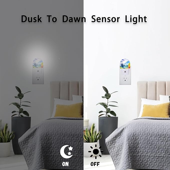Axxitude Watercolor Mountain Forest Night Lights Plug into Wall for Girls Boys Room,Night Light LED Lamp Dusk to Dawn Sensor Round Lamp for Bedroom Bathroom Hallway Home Wall Decor Nightlight
