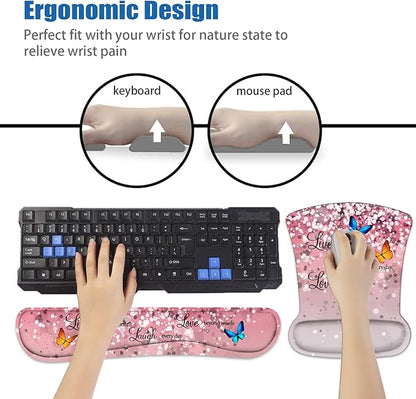 Ergonomic Mouse Pad Wrist Support and Keyboard Wrist Rest Set with Coasters, Non-Slip PU Base, Easy Typing & Pain Relief, Perfect for Home Office Working Studying, Glitter Quote Live Laugh Love