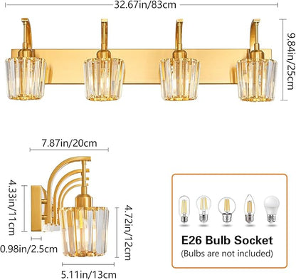 FDPBY Modern Bathroom Vanity Light, 4-Light Gold Wall Sconce with Crystal Accents, Over Mirror Bathroom Lighting Fixture, 32.67" Long Dimmable Vanity Lamp for Makeup, Easy Installation