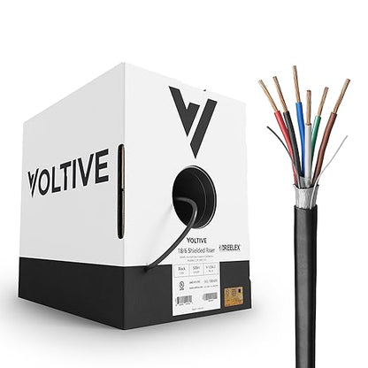 Voltive 18/6 Shielded Low Voltage Wire, Riser CL3R, Black, 500ft - 18AWG, 6 Conductors, Overall Shield, Stranded Bare Copper, UL Listed - V-1256-2