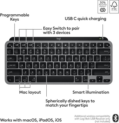 Logitech MX Keys Mini for Mac Minimalist Wireless Keyboard, Compact, Bluetooth, Backlit Keys, USB-C, Tactile Typing, Compatible with MacBook Pro & Air,iMac,iPad - Space Grey