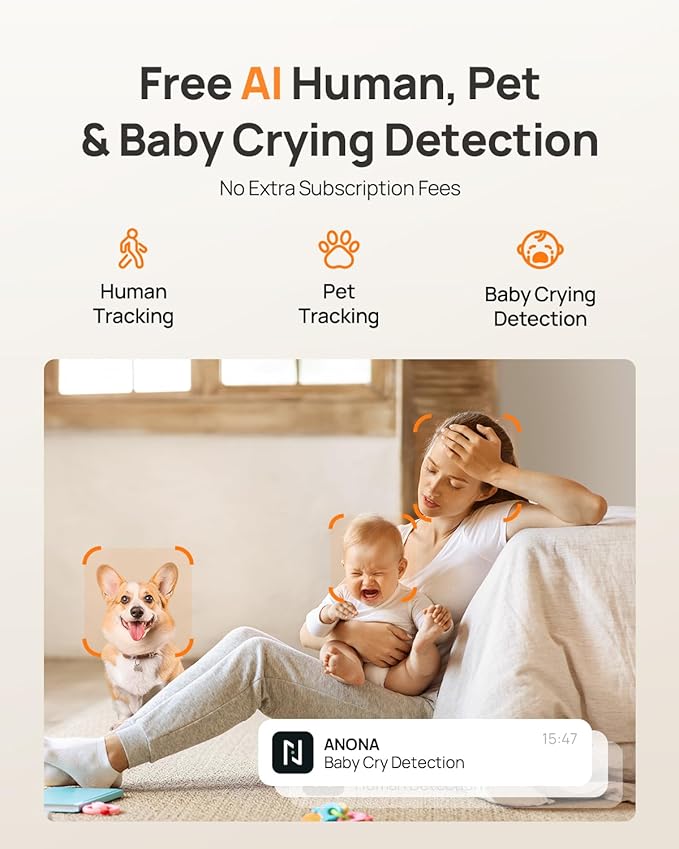 Anona 4K UHD Indoor Camera with 128GB SD Card, Pet/Dog/Baby Security Camera with Phone App, 360° Pan-Tilt, 2.4G/5G Wi-Fi 6, Auto-Tracking, Person/Pet/Baby Crying Detection, Privacy Mode, Two-Way Audio