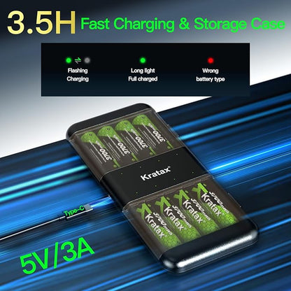 Kratax 3700mWh AA Rechargeable Lithium Batteries with Charger, 12pack high Capacity Double A li-ion Batteries 1.5v, Long Lasting, Ultra-Thin Battery Charger with AA Lithium Battery Rechargeable
