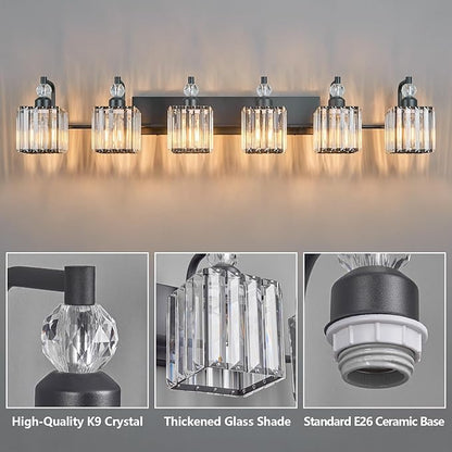 BBLLWJ 6 Light Bathroom Vanity Light Modern Black Vanity Light Fixtures Bathroom Light Fixtures Over Mirror Crystal Vanity Lighting Fixtures