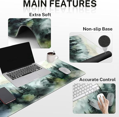 Britimes Green Ink Style Mountain Forest Keyboard Mouse Pad Set 4in1 Large Mousepad+Keyboard Wrist Rest+Mouse Wrist Rest+Coaster Set with Ergonomic Design for Home Office Computer 35.4x15.7 inches