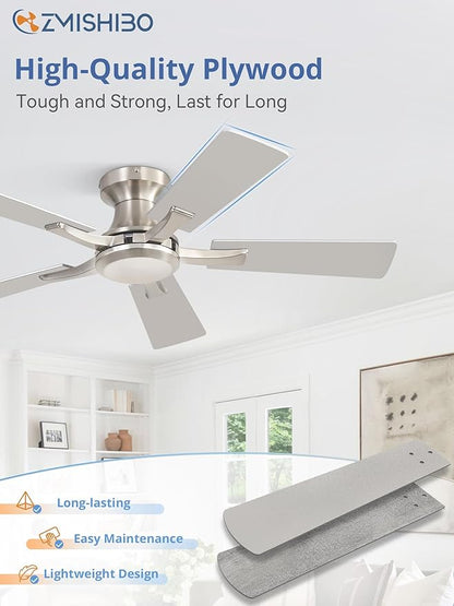 ZMISHIBO 42 Inch Ceiling Fan No Light, Flush Mount Low Profile, Modern Nickel Ceiling Fan Without Light, Remote Control & Quiet DC Motor, for Indoor&Outdoor, Bedroom, Living Room