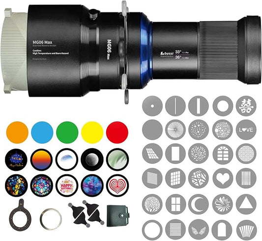 Bussi MG06 Max Bowens Mount Snoot with 40 Gobos, 36° Lens Optical Snoot Spotlight for Photography Video Shape Light Studio, GOBO Light, (Extended Bowens Mount)