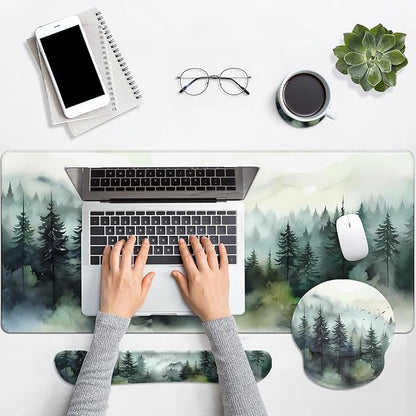 Britimes Green Ink Style Mountain Forest Keyboard Mouse Pad Set 4in1 Large Mousepad+Keyboard Wrist Rest+Mouse Wrist Rest+Coaster Set with Ergonomic Design for Home Office Computer 35.4x15.7 inches
