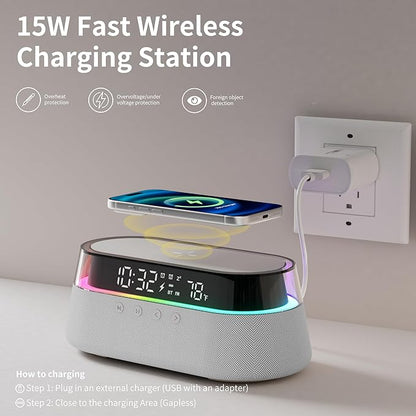 KUANGXIANG 6-in-1 Bluetooth Speaker Alarm Clock with Remote, 15W Fast Wireless Charger, FM Radio & Dimmable LED Night Light, Dual Digital Clock for Bedroom Home Office, Ideal for Him, Men Women