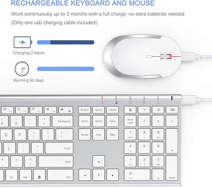 Wireless Keyboard and Mouse, Vssoplor 2.4GHz Rechargeable Compact Quiet Full-Size Keyboard and Mouse Combo with Nano USB Receiver for Windows, Laptop, PC, Notebook-White Silver