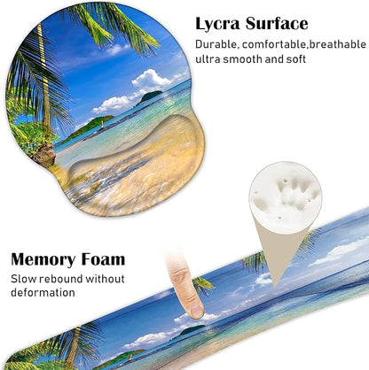 Keyboard Wrist Rest and Mouse Pad Wrist Support Set with Coasters, Non-Slip PU Base Ergonomic Gaming Mousepad for Home Office Working Studying Easy Typing & Pain Relief, Shore Palms Tropical Beach