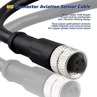 Lonlonty M8 Cable 3 Pin 6.5Ft/2M Female A Coding Circular Connector Cable Shielded IP67 Waterproof Single End Cable A Code