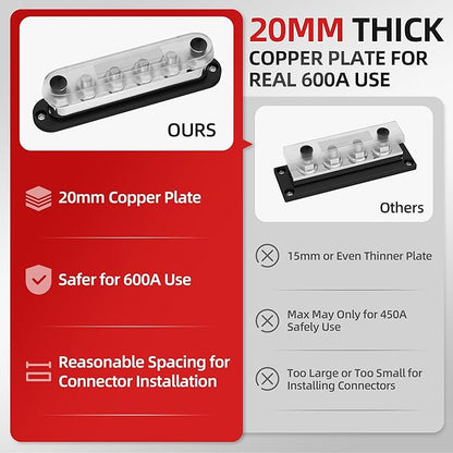 DAIERTEK 600A Power Distribution Block 12V Bus Bar Terminal Block 6 x 3/8" Terminal Studs 12 Volt Marine Bus Bar with Cover Positive & Negative for Automotive Car Boat Solar System