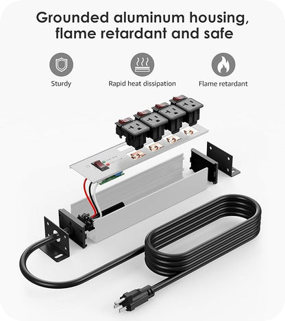 CCCEI Heavy Duty Surge Protector Power Strip 20 Amp Individual Switches. 15FT 12 Gauge Extension Cord with Multiple Outlets. Kitchen, Garage, Shop, Industrial Wall Mount Electric Extender, Grey.