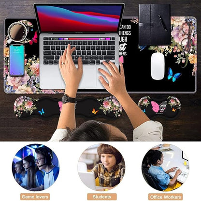 Ergonomic Keyboard Wrist Rest & Mouse Pad Wrist Rest Set, Butterfly Quote Bible Verse Philippians 4-13 Large XXL Gaming Desk Mat 31.5"x 11.8" with Non-Slip Base, Memory Foam for Home Office Study Game