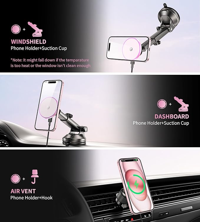 for MagSafe Car Mount Charger Dash/Windshield/Vent Wireless Car Charger with [LED Light], Strong Magnetic Phone Holder for Car for iPhone 16 15 14 13 12 Series, Fit MagSafe Accessories (Pink)