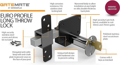 GateMate Long Throw Gate Lock, Euro Profile Keyed Both Sides Gate Lock for Sheds, Gates & Garage Doors, 316 Stainless Steel, for Wooden Gates & Doors Up to 2” Thick (50mm), Black, 5 Keys