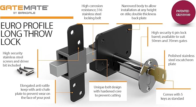 Gatemate 1490116 Euro Single Long Throw Lock with Thumb Turn P11, Black/Stainless Steel, 70mm